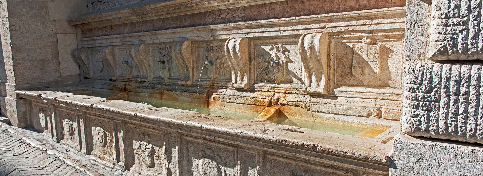 Dettaglio della Fonte Oliviera, una delle caratteristiche fontane d'acqua presenti nella citta. Fonte con 3 vasche di raccolta in cui, nella parte centrale, quattro stemmi diversi da cui fuorisce dell'acqua.